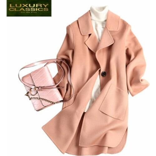 2021 Warm Casaco Feminino 100% Wool Coat Womens Overcoat Medium-Long Pink Winter Jacket Outerwear Abrigos Mujer CJ318