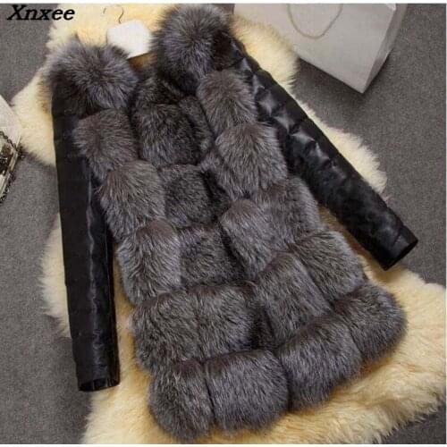 High Quality Winter Coat Women Thick Faux Fox Fur Coat PU Sleeve Female Fake Fur Jacket Plus Size gilet chalecos de pelo mujer