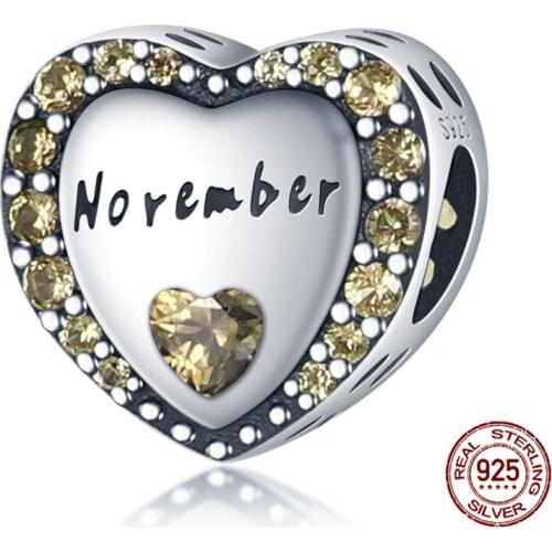 100% Real 925 Sterling Silver Dark yellow november heart shape Beads Fit Original 3mm Bracelet&Bangle Women Fashion Jewelry Gift