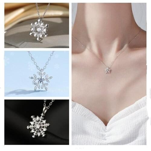 100% Silver 925 Girl Choker Necklaces Women Jewelry Bright Crystal Snowflake Pendant Necklaces Female Clavicle Accessories