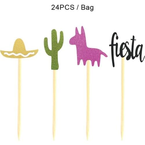 24/Pack of Mexican Carnival Theme Party Decorating Cake Insert Cactus Alpaca Fiesta Hat