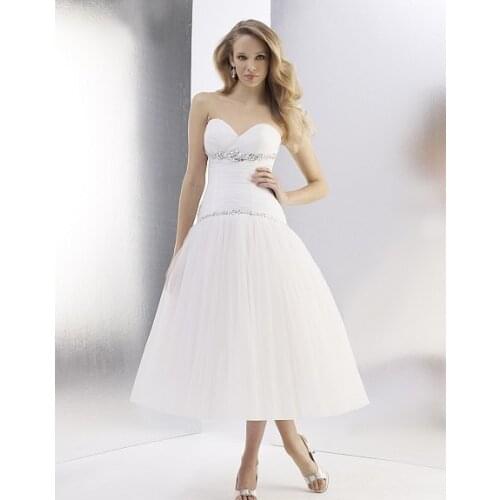 Free shipping vestido de noivas retro tulle tea length ball gown features silver embroidery beaded drop waist wedding dresses