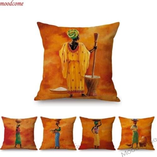 Modern African Art Africa Woman Daily Life Theme Sofa Throw Pillow Cover Home Decorative Cotton linen Orange Cushion Cover Case