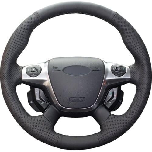 Black PU Faux Leather Hand-stitched Car Steering Wheel Cover for Ford Focus 3 2012-2014 KUGA Escape 2013-2016 C-MAX 2011-2018