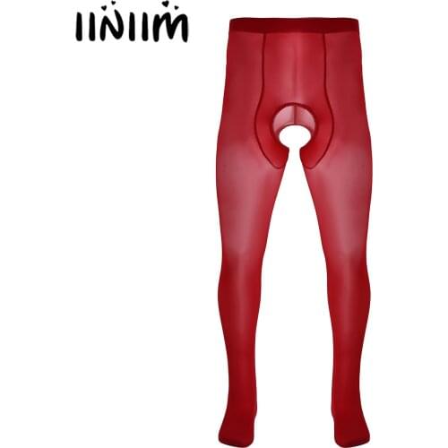 Iiniim Hot Sexy Exotic Lingerie Mens Ice Silk Pantyhose Closed Toes Crotchless Stretchy Stockings Tights Hosiery Legging Pants