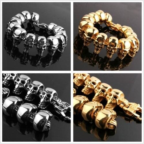 Cool Heavy Stainless Steel Silver Color Gold Color Skeleton Skull Head Chain Biker Jewelry Bracelet Wristband For Men Gift8.66