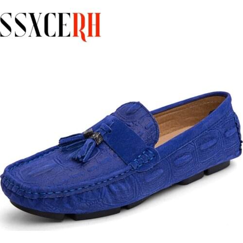 Men Shoes Loafers Casual Shoes Fashion Mens Shoes Genuine Leather Mens Loafers Mans Moccasins Slip On Shoes Mens Flats Blue