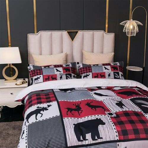 Fashionable Plaid Digital Print Bedding Set 3D Bear Deer Animal Pattern Down Cover Pillowcase Home Bedroom Decor