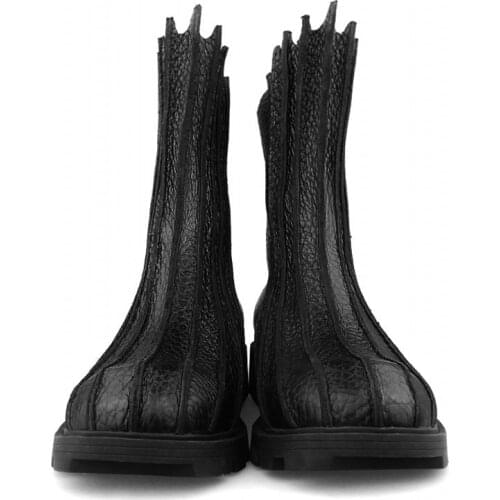 Personality Harajuku High Quality Genuine Leather Pathwork High Top Boots Winter Warm Round Toe Back Zip Male Mid Calf Boots