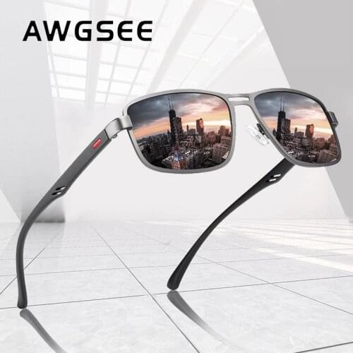 AWGSEE Square Fashion Polarized Sunglasses Men Aluminum Frame Shades Male UV400 Night Vision Glasses Fishing Driving Sunglasses