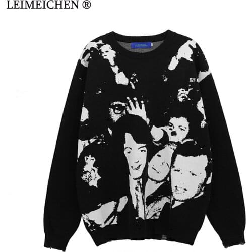 LEIMEICHEN Mens Character Jacquard Sweater Gothic Street Hip-Hop Costumes 2021 Autumn/Winter Retro Oversized Couple Pullover