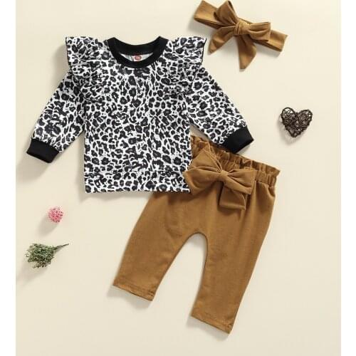 0-24 M Baby Girls Clothes 3PCS Casual Fall Outfits Ruffle Long Sleeve Leopard Tops + Bowknot Pants + Headband Set