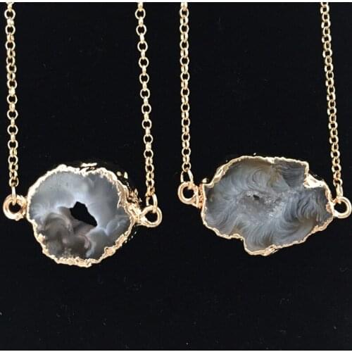 Raw Druzy Stone Pendant Initial Jewelry Geometric Plated Gold Edged Necklace with 18inch Chain