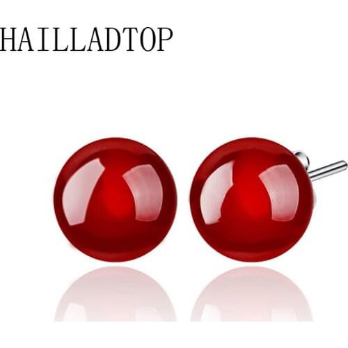 Top Simple Trendy Agate Round Stud Earrings Natural Red Black Stone Silver Plated Earrings Agated Beads Mosaic New Ear Jewelry