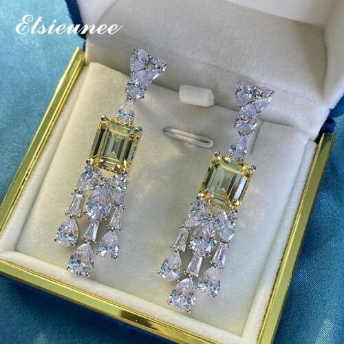 100% 925 Sterling Silver Emerald Cut Simulated Moissanite Citrine Long Tassel Drop Dangle Earrings Bridal Wedding Fine Jewelry