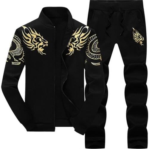 Fashion Mens Autumn Set Two Pieces Casual Print Dragon Tracksuit Male Sweatshirts And Pants Suit Fleece Clothing Plus Size 4X