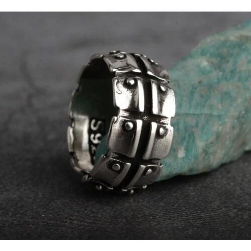 Handmade Tibetan Silver Cool Motorcycle Tire Track Ring men 925 Retro Hip Hop Punk Geometric Striped перстень мужской