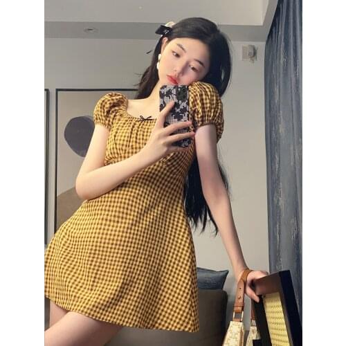 Harajuku Slim Waist Plaid Thin Dress Japanese Soft Girl Kawaii Lolita Dresses Cute Summer Sweet Bow Puff Sleeve Princess Dresses