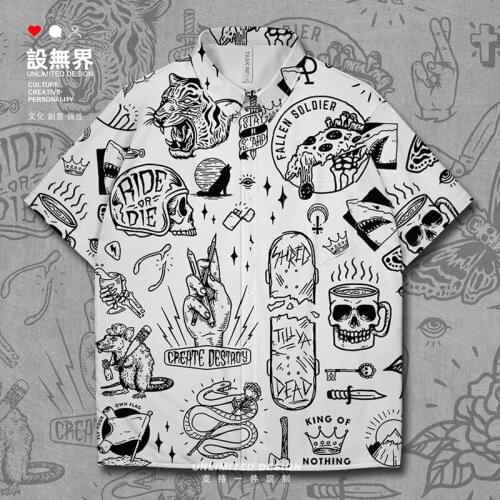 European and American street skateboard graffiti Hand drawn line drawing skeleton pattern Short-Sleeved shirt Clothes Summer