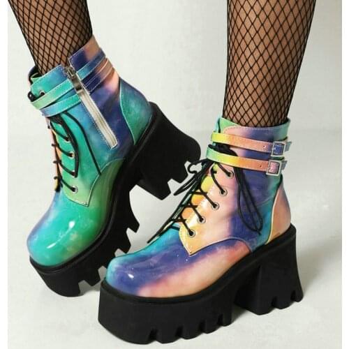 2021 Women Ankle Boots Platform Square High Heel Ladies Motorcycle Boots PU Leather Mixed Color Women Lace Up Boots Big Size 43