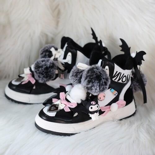 Womens DIY Ankle Boots Sneakers Warm Winter Thick Lace Up Shoes Fur Ball Lolita Genuine Leather Cute Girls Black White New 2021