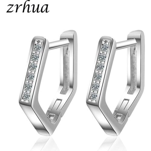 ZRHUA Original 925 Sterling Silver Earrings Geometric Cubic Zircon Hoop Earrings for Women Female Best Gifts Party Brincos