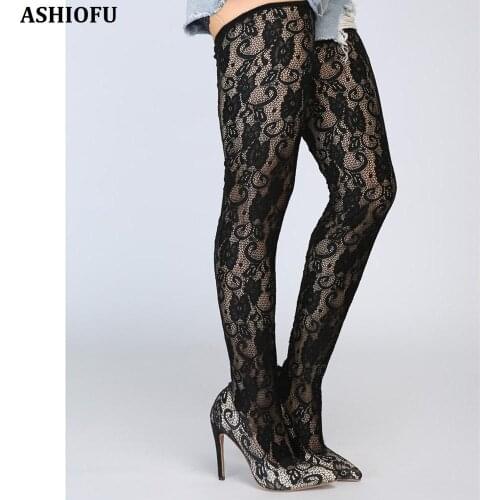ASHIOFU Handmade Womens High Heel Pumps Lace-leather Thigh High Club Party Prom Dress Shoes Evening Sexy Fashion Court Shoes