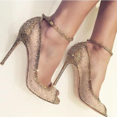 Moraima Snc Woman Sexy Peep Toe Crystal Embellished High Heel Shoes Mesh Grid Ankle Strap Thin Heels pumps Party Dress Shoe