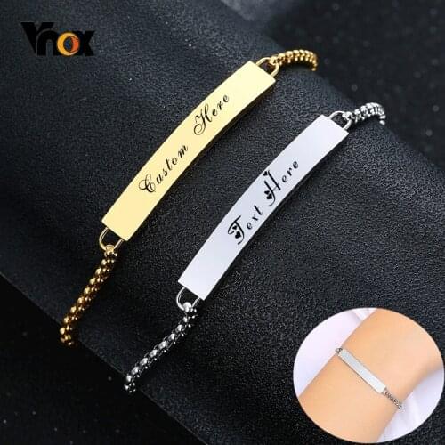 Vnox Women Personalize Engrave Love Name Bracelet Box Chain Smooth Bangle Link and Gold Tone Custom Jewelry