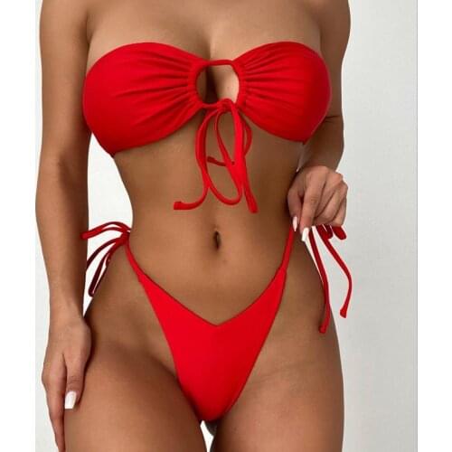 Sexy Womens Swimsuit Solid Color Strapless Push Up 2Pcs Bikini Set Lace Up Padded Seperate Swimwear Summer Bathing Suit