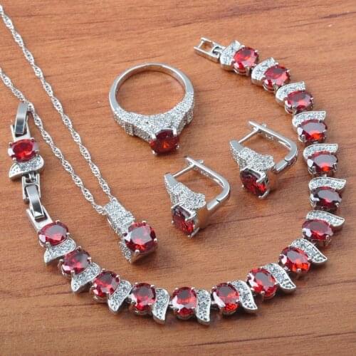 2020 New Red Cubic Zirconia Jewelry Sets For Women Wedding Jewelry Bracelet Necklace And Earrings Ring Set JS0601