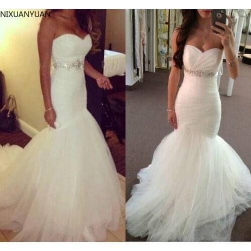 2021 Mermaid Wedding Dresses with Beaded Sash Sweetheart Bridal Dresses Long Sweep Tulle Wedding Gowns