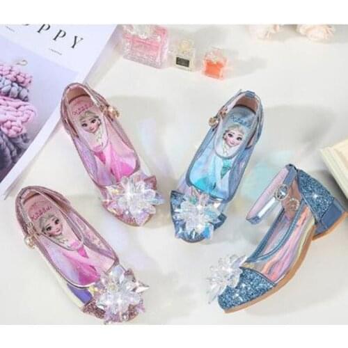Disney Frozen Crystal Shoes For Baby Girls Elsa Princess Kids Leather Shoes High Heel Summer Sandals Butterfly Knot Party Dress