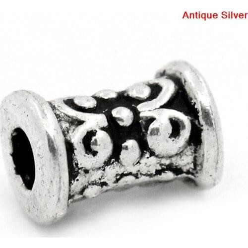 Doreen Box hot- Charm Beads Column Silver Color Flower Carved 7x5mm,200PCs (B22201)