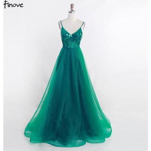 Finove 2020 Prom Dress Simple Spaghetti Strap V Neck Sequined With Sashes Party Dress Gowns vestido De Festa