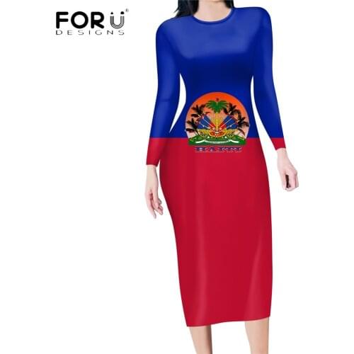 FORUDESIGNS Women Long Sleeves Sexy Dress Haiti Flag Printing Ladies Comfort Clothes Bodycon O-Neck Elegant Female Vestidos