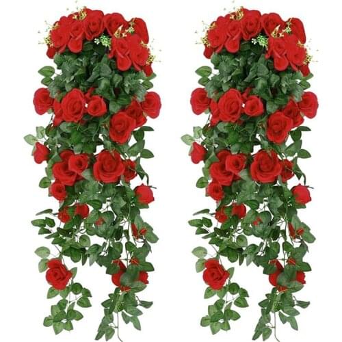 Artificial Rose Fake Flowers Hanging Plant Wall Home Balcony Basket Decor Pack of 2