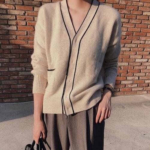 Women Long Sleeve Knitted Cardigan Jackets New 2021 Autumn Korean Style V-neck All-match Loose Ladies Casual Sweaters W543