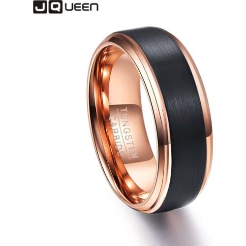 Tungsten Carbide Wedding Ring 8mm Men Women Comfort Fit Rose Gold & Black Brushed Finish Step Bevel Edge Size 5 To 15