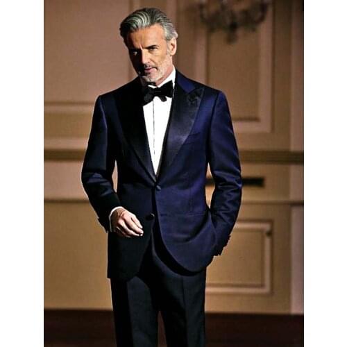 ANNIEBRITNEY Navy Men Wedding Suit With Pants 2 Piece Groom Wedding Tailor Made Tuxedo Satin Peaked Lapel Prom 2 Piece Suit Set