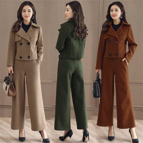 Autumn and winter womens new fashionable short paragraph woolen jacket woolen wide leg pants fashion Two pieces / sets