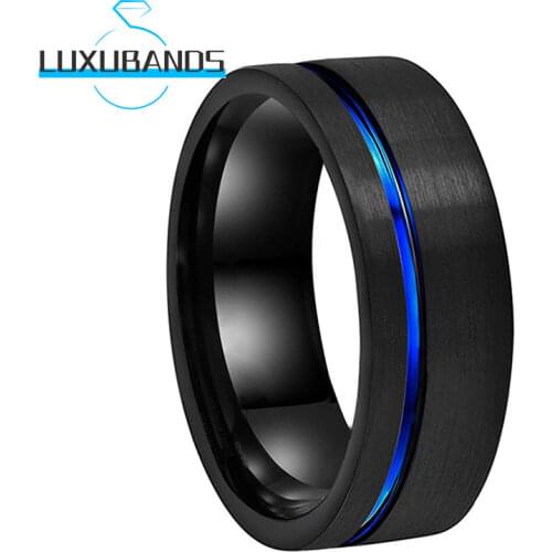 8MM Men Wemen Tungsten Wedding Band Fashion Blue Offset Line Black Brushed Finished Comfort Fit
