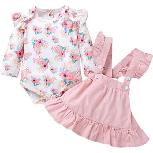 0-18M Summer Toddler Newborn Baby Girls Round Neck Floral Long-sleeved Strap Dress Suit Baby Clothing Outfits Set