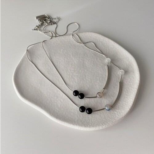 Origin Summer Minimalist Round Beaded Double-Layer Pendant Necklace for Women Girls Asymmetric Natural Stone Necklace Jewellery