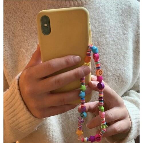 Smiley Beaded Anti-lost Phone Charm Chain Rainbow Soft Ceramic Lanyard Strap Mobile for Girls Phone Choker Keys String