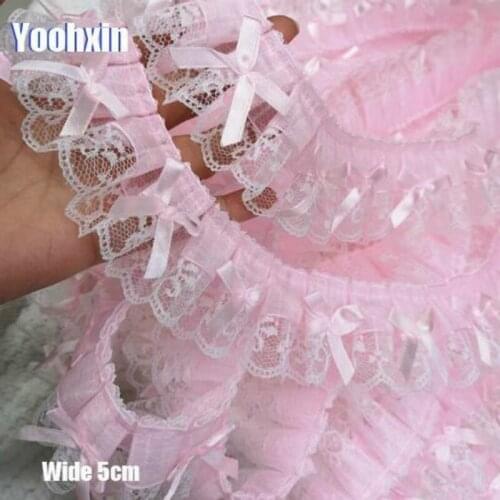 5CM Wide Pink lace 3D flower Embroidery luxury elastic Pleated chiffon lace fabric for garment dress applique guipure hem decor
