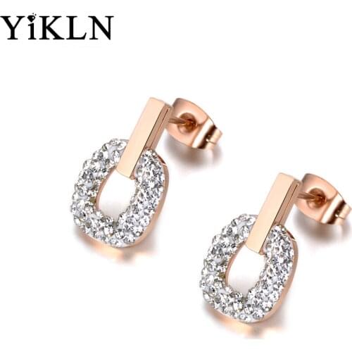 YiKLN Jewelry Rose Gold Color Stainless Steel Mosaic White Clay Crystals Stud Earrings For Girls Women Boucle D'oreille YE18047