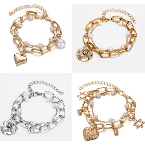Pearl Golden Heart Pendant Bracelet Square Big Chain Bracelets For Women 2019 Fashion Luxury Wedding Geometric Jewelry Bracelets