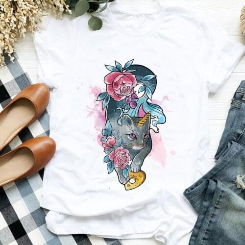 Women Lady Cartoon Cat Watercolor Floral Flower Pet 90s Cute Print Tshirt Shirt Clothes Top Graphic Female T Tee Womens T-shirt