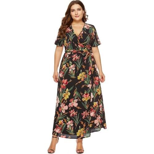 Women clothing v-neck dresses european women dresses plus size xl-6xl print clothing short sleeve print party-dress 5298